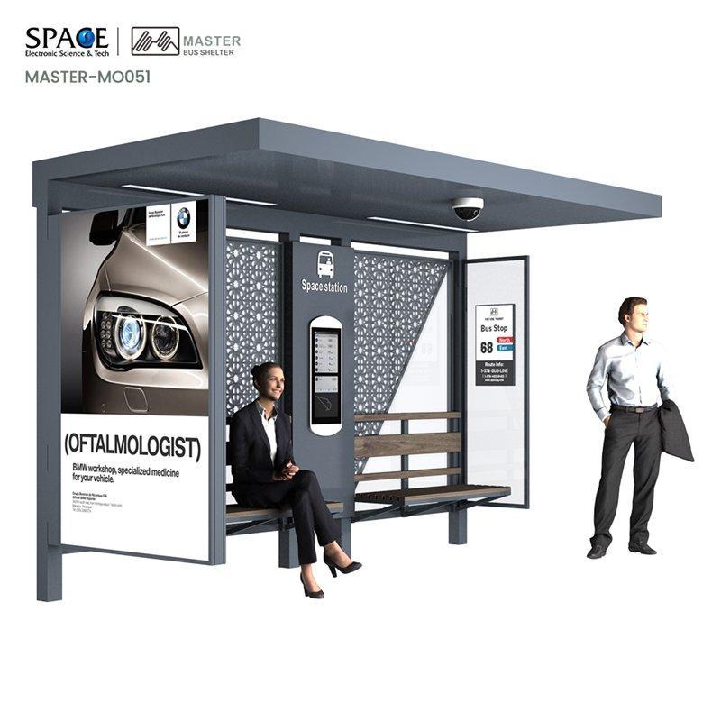 Уличная автобусная остановка с LED подсветкой и рекламной скамьей из оцинкованной стали (арт. 25-3071837)
