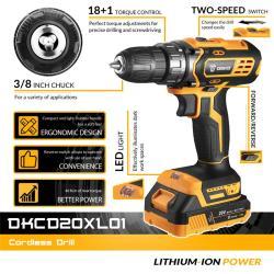 Аккумуляторная ударная дрель DEKO 20V 40Н.м (арт. 26-2402070)